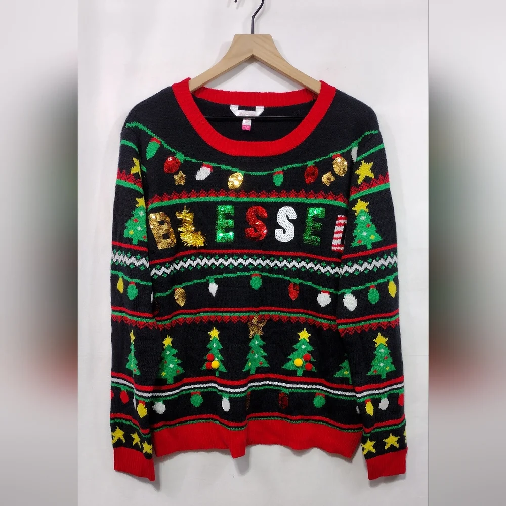 NWT No Boundaries Sequin Blessed Ugly Christmas Sweater Womens 3X Multicolor - Picture 2 of 10
